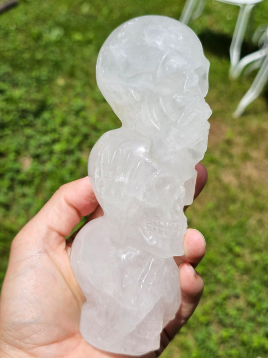 Triple crâne en quartz cristal de roche je ne vois rien, je n'entends rien et je ne dis rien