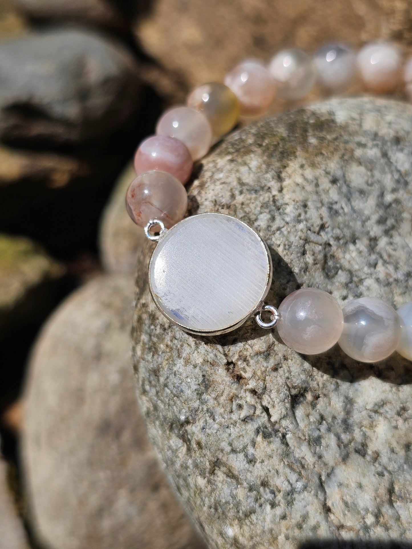 Bracelet Pierre de lune et Agate flleurs