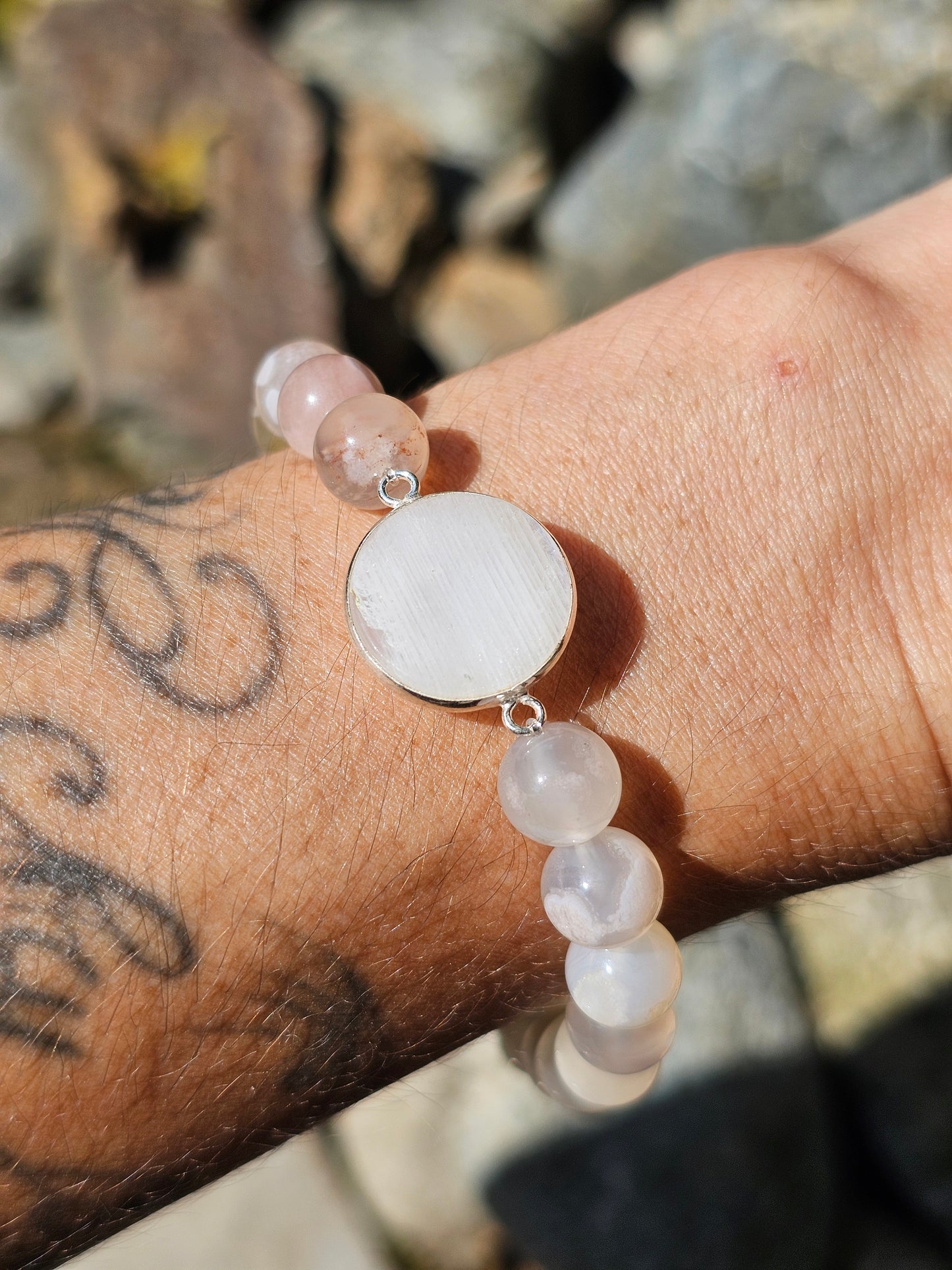 Bracelet Pierre de lune et Agate flleurs