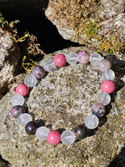 Bracelet Cobaltocalcite, Rhodonite et Cristal de roche 8mm