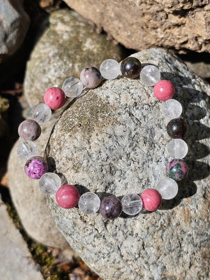 Bracelet Cobaltocalcite, Rhodonite et Cristal de roche 8mm