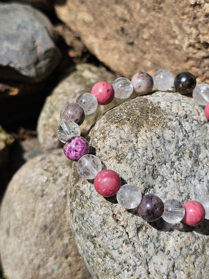 Bracelet Cobaltocalcite, Rhodonite et Cristal de roche 8mm
