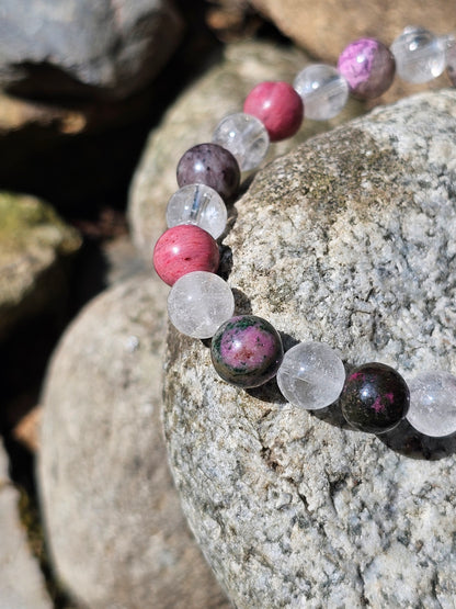 Bracelet Cobaltocalcite, Rhodonite et Cristal de roche 8mm