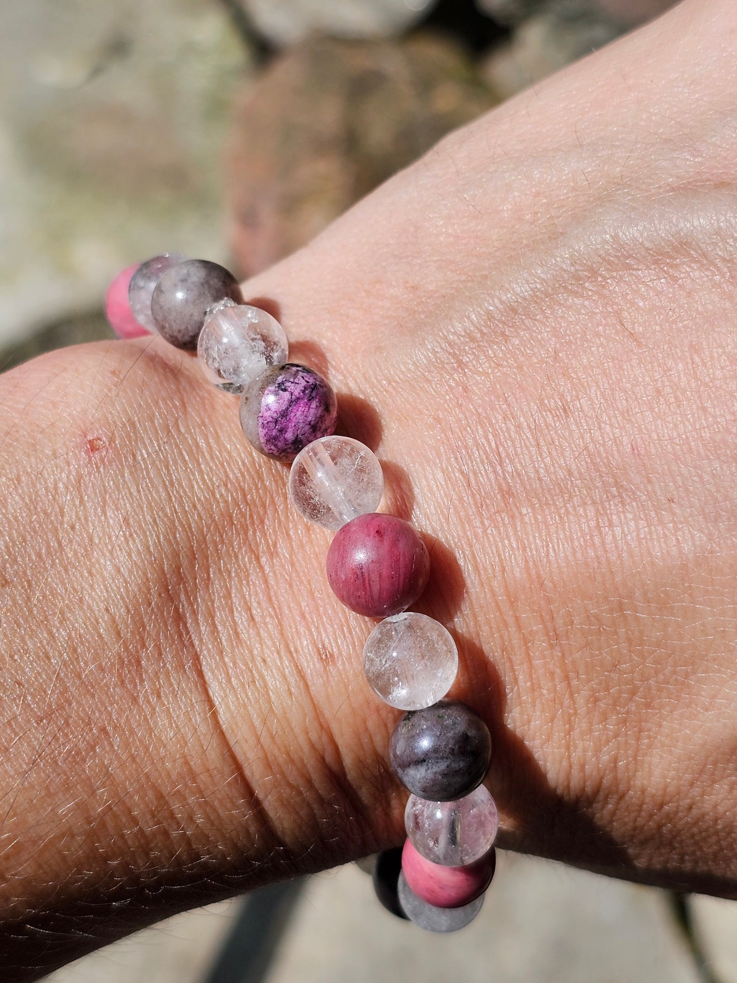 Bracelet Cobaltocalcite, Rhodonite et Cristal de roche 8mm