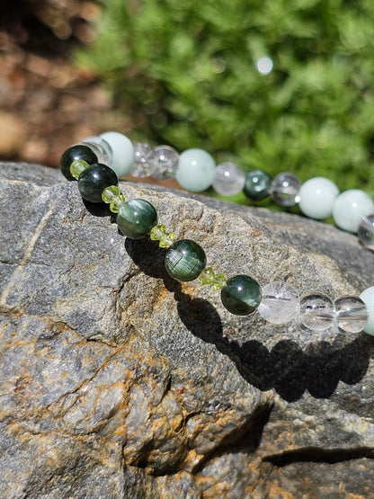 Bracelet Séraphinite, Garniérite, Péridot et cristal de roche