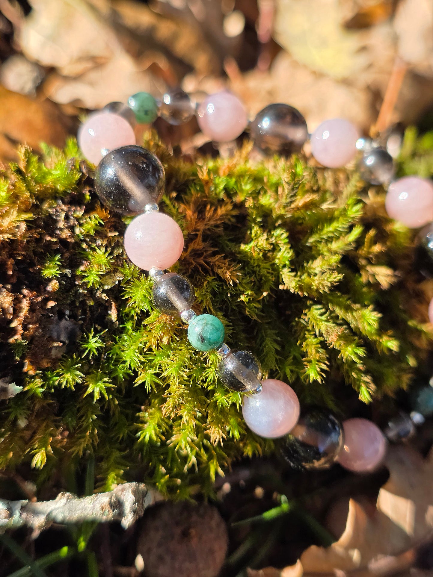 Bracelet  perles naturelles Emeraude Quartz rose Obsidienne Larmes d'Apache argent 925 Cristal de roche