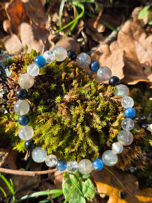 Bracelet Labradorite, Cyanite bleue, Tourmaline noire et cristal de roche