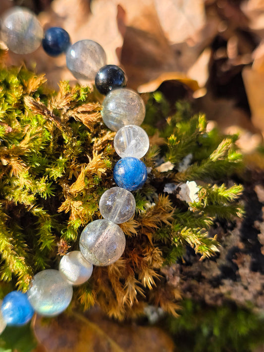 Bracelet Labradorite, Cyanite bleue, Tourmaline noire et cristal de roche