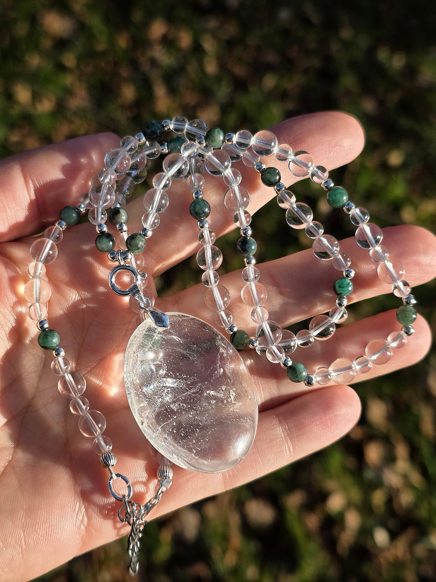 Collier 108 perles pierres naturelles Emeraude Cristal de roche et 38 perles argent 925 