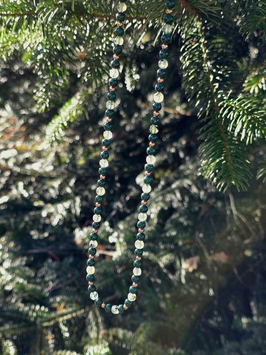 Collier 101 perles pierres naturelles Malachite Prehnite argent 925 rosé unique