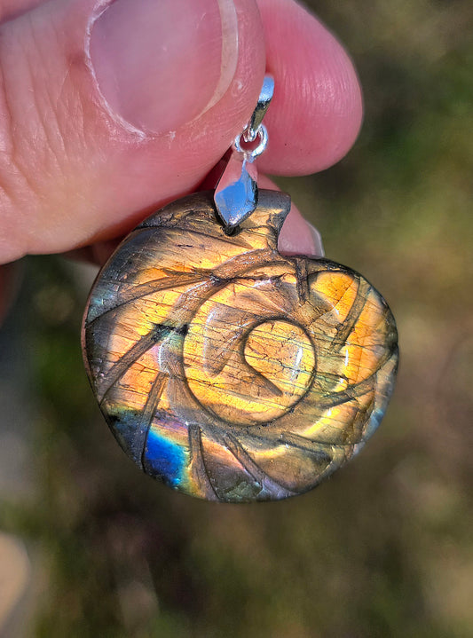 pendentif en Labradorite sculptée en forme d'Ammonite