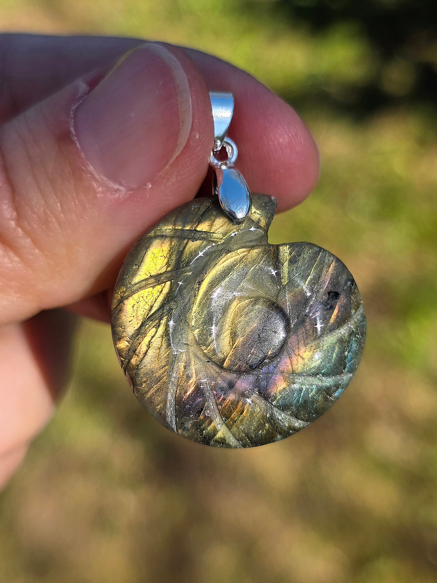 pendentif en Labradorite sculptée en forme d'Ammonite