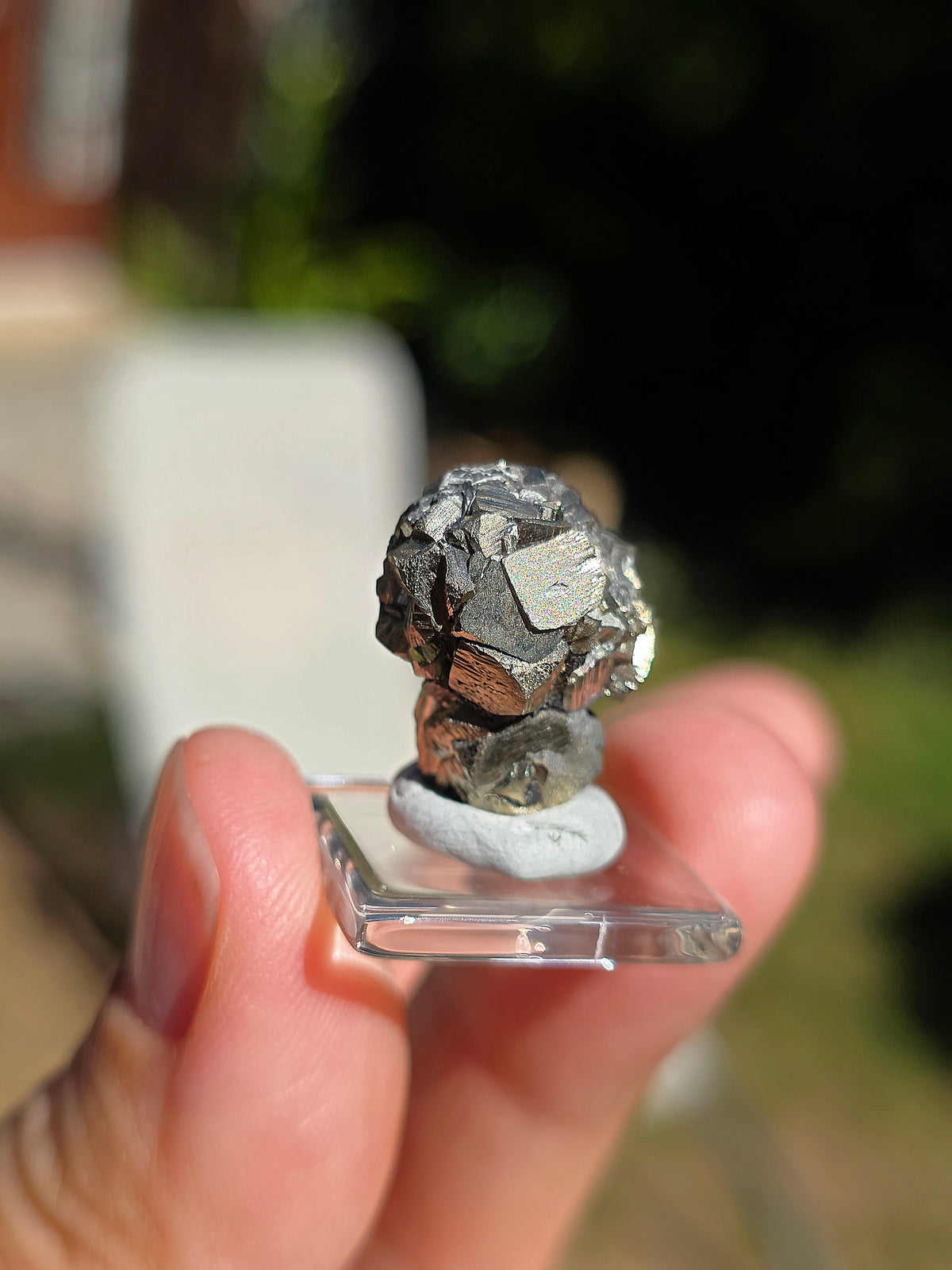 Pyrite de Serre-Ponçon sur son socle en verre
