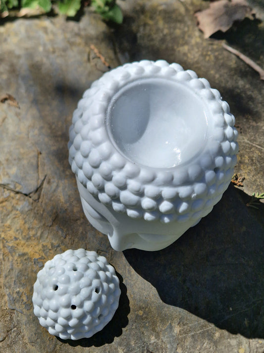 Brûle parfums fondants cire huiles tête de Bouddha blanc 13.5cm décoration maison parfum holistique